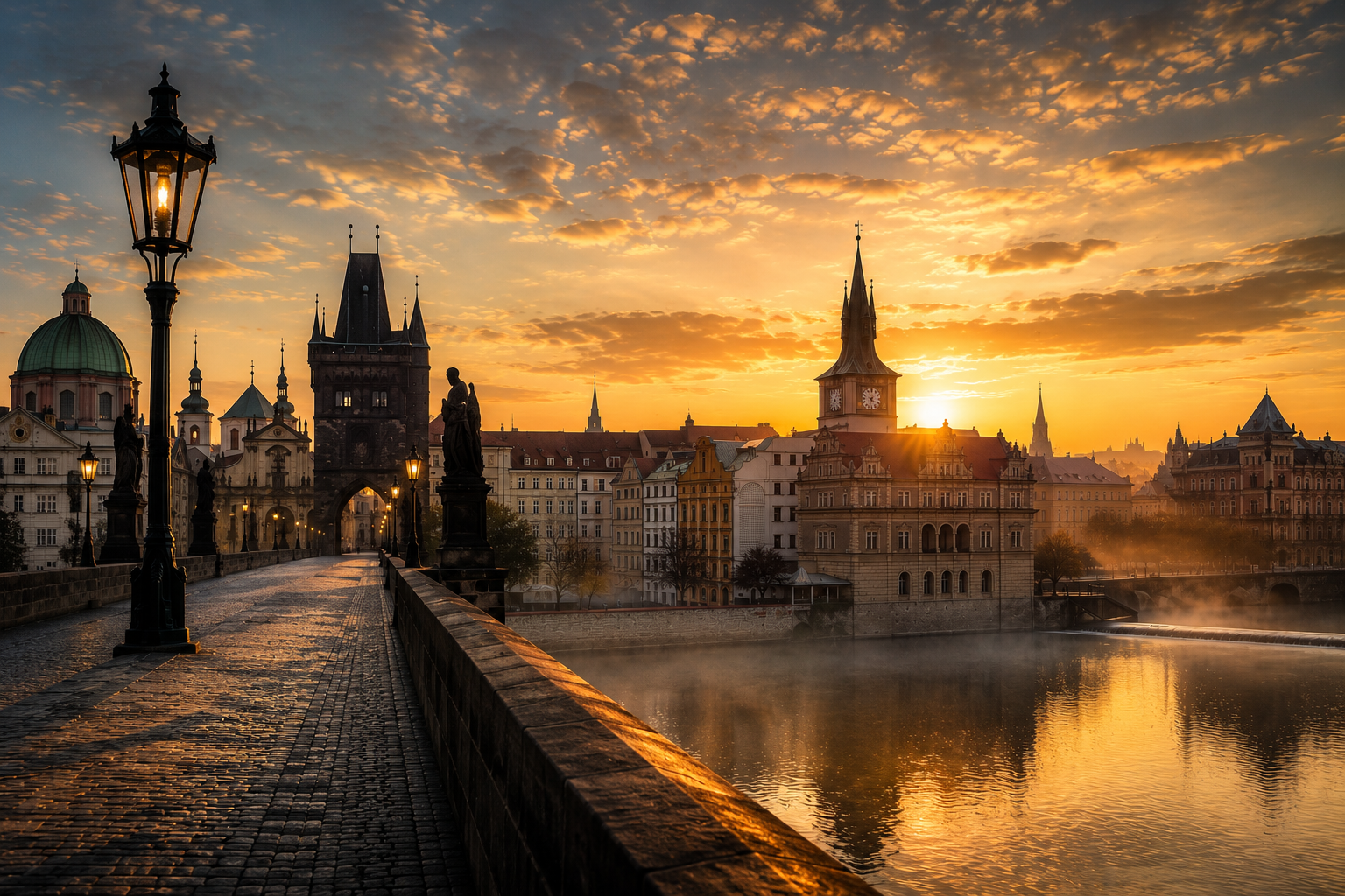 Prague cityscape at dawn — golden light over the Old Town spires and rooftops