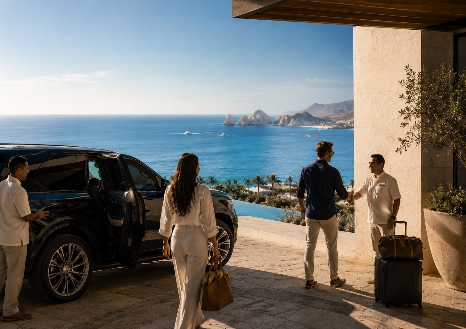 Private luxury arrival experience in Los Cabos — villa terrace, El Arco view, golden hour